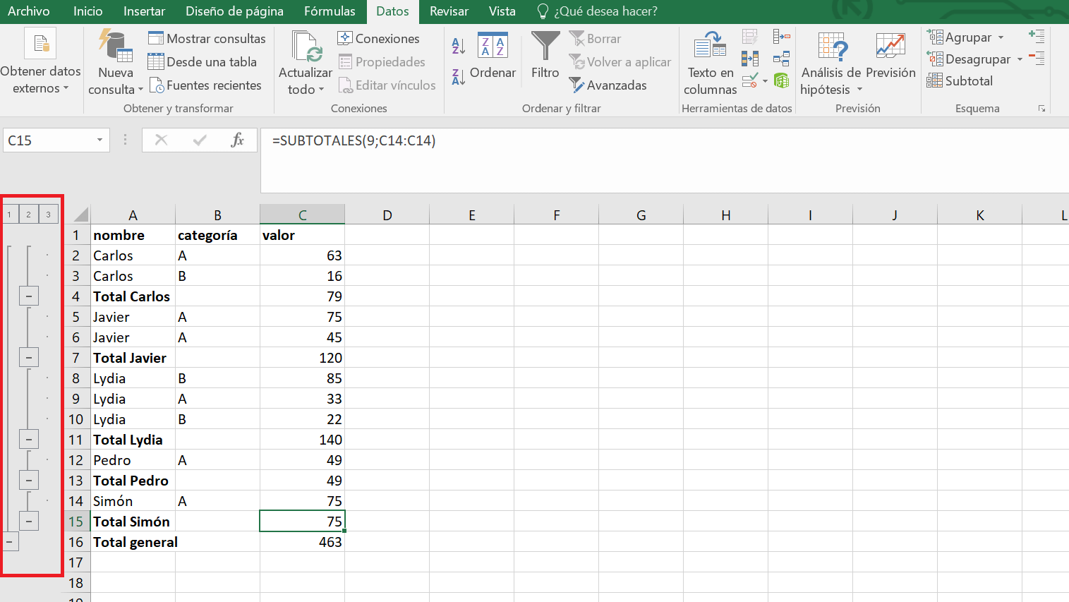 Zusätzliche Seitenleiste in Excel mit Zwischensummenwerkzeug