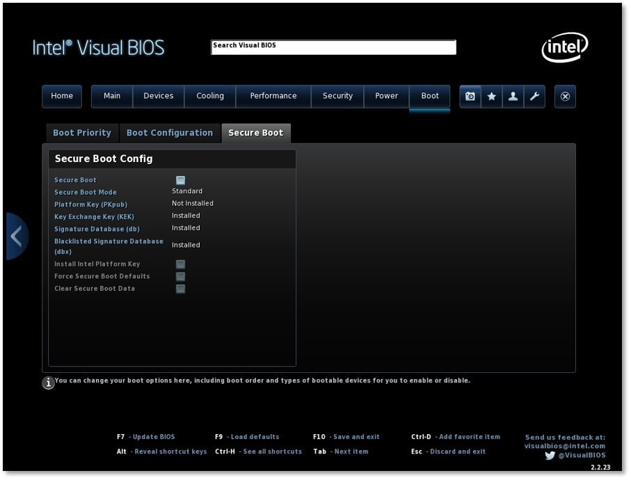 Intel Visual BIOS - Sichere Starteinstellungen