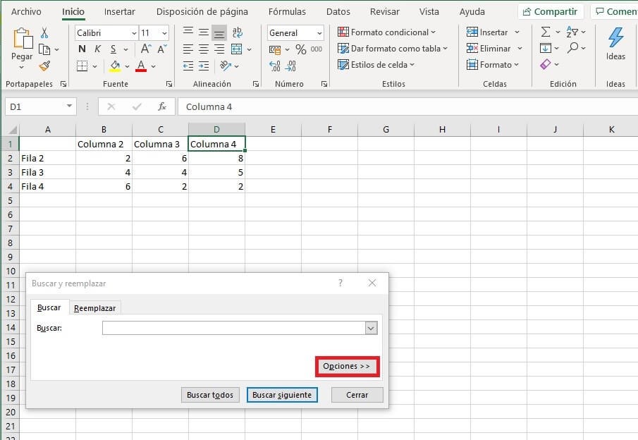 Die rot markierte Schaltfläche "Optionen" öffnet die erweiterten Optionen der Excel-Suchfunktion