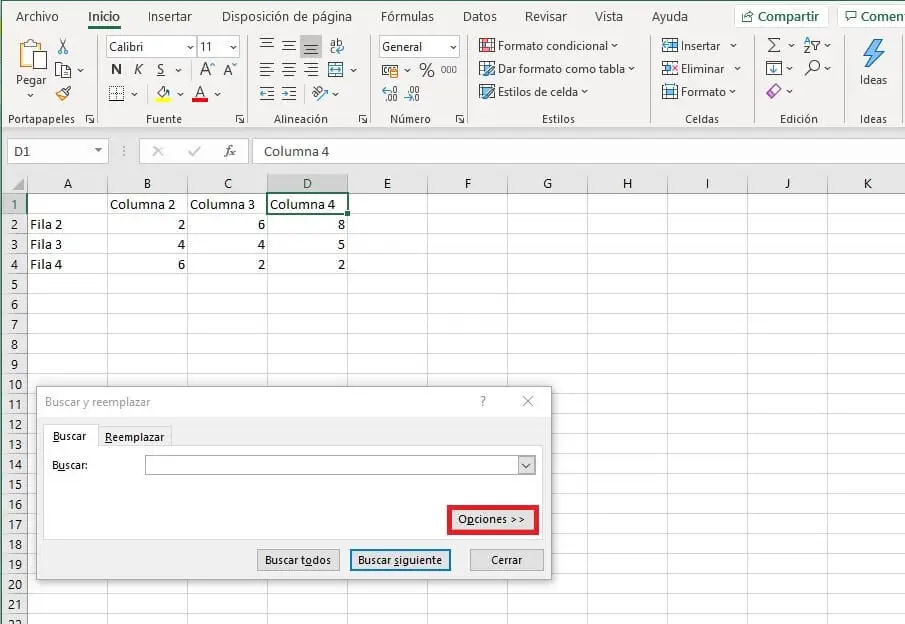 Die rot markierte Schaltfläche "Optionen" öffnet die erweiterten Optionen der Excel-Suchfunktion