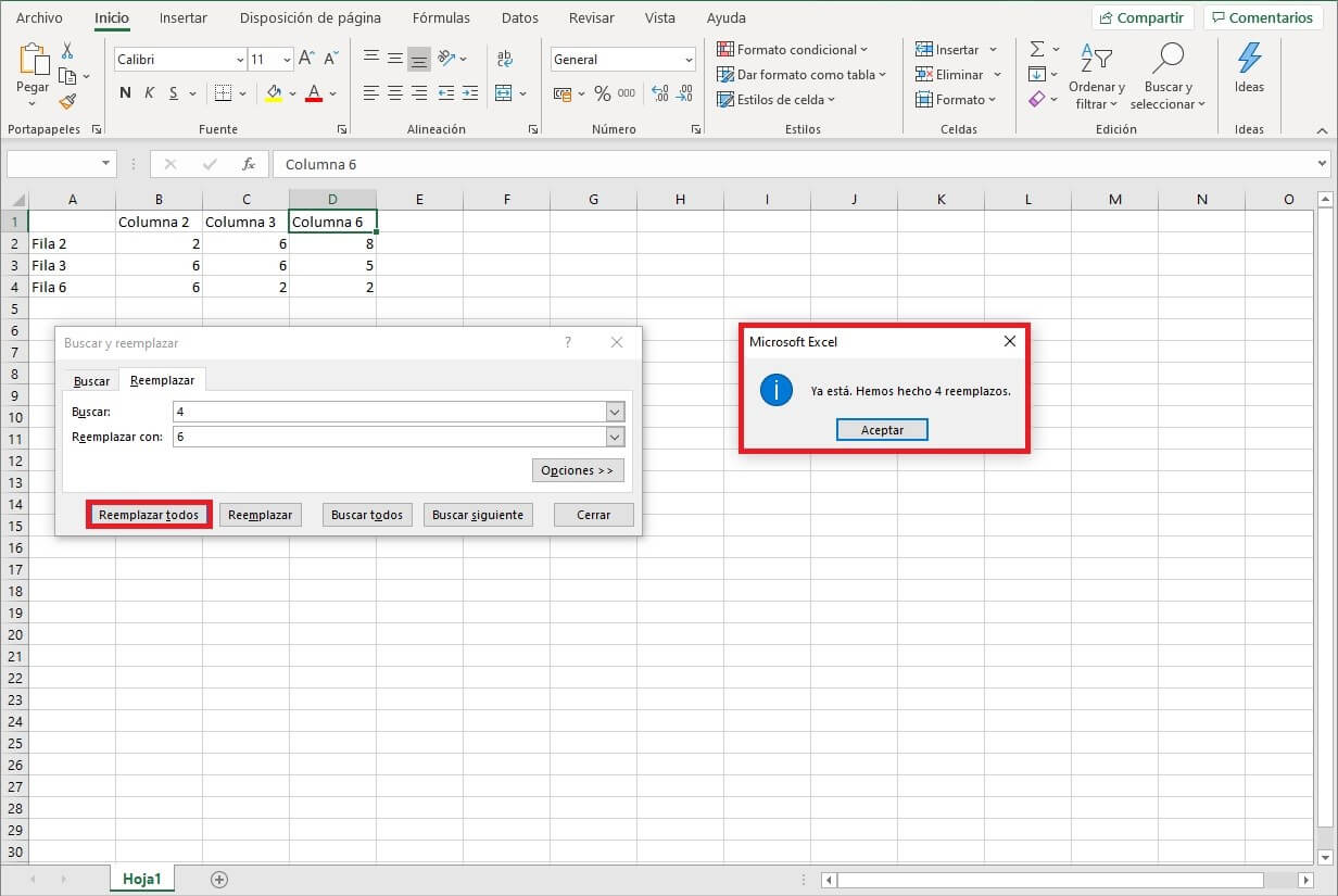 Suchen und Ersetzen in Excel - Beachten Sie, dass die Änderung erfolgreich war