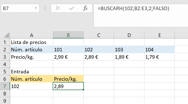 Beispiel für HLOOKUP mit Ergebnis.