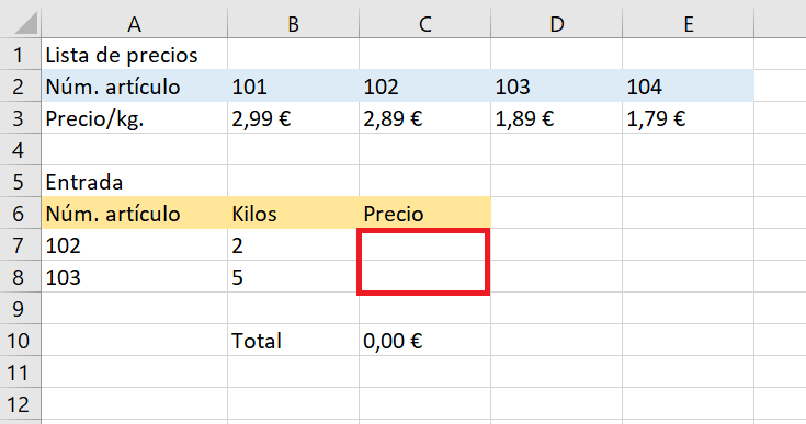 HLOOKUP: Multiplikation von Werten.