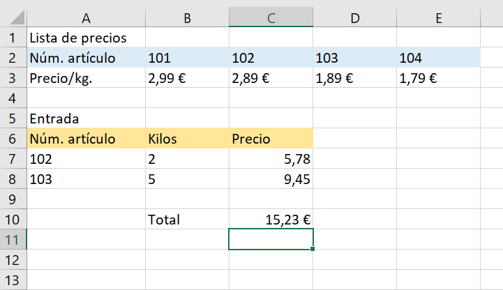 HLOOKUP: Zellen C7 und C8 mit Ergebnissen.