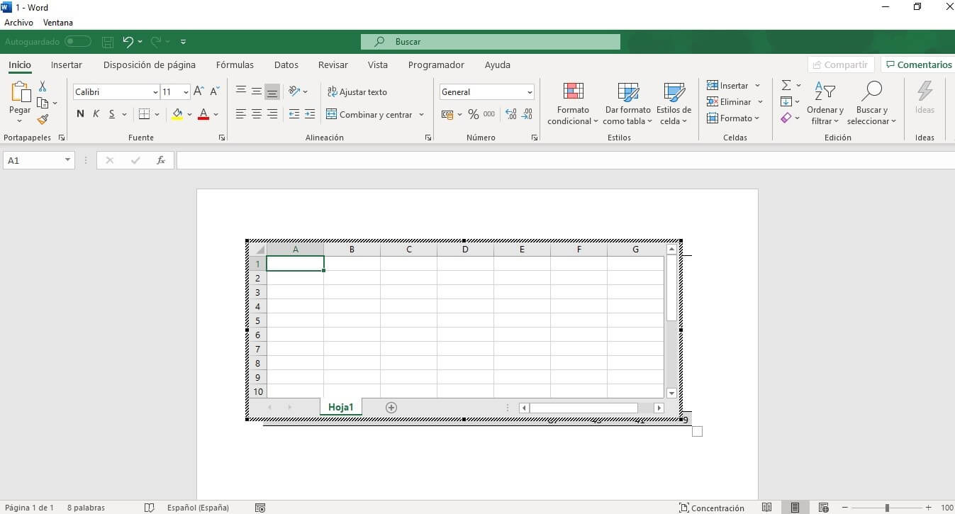 Screenshot zum Erstellen einer Excel-Tabelle in Word