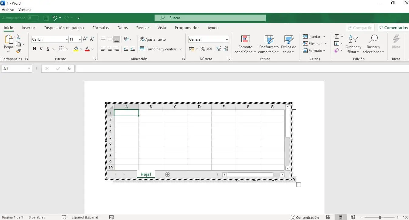 Screenshot zum Erstellen einer Excel-Tabelle in Word