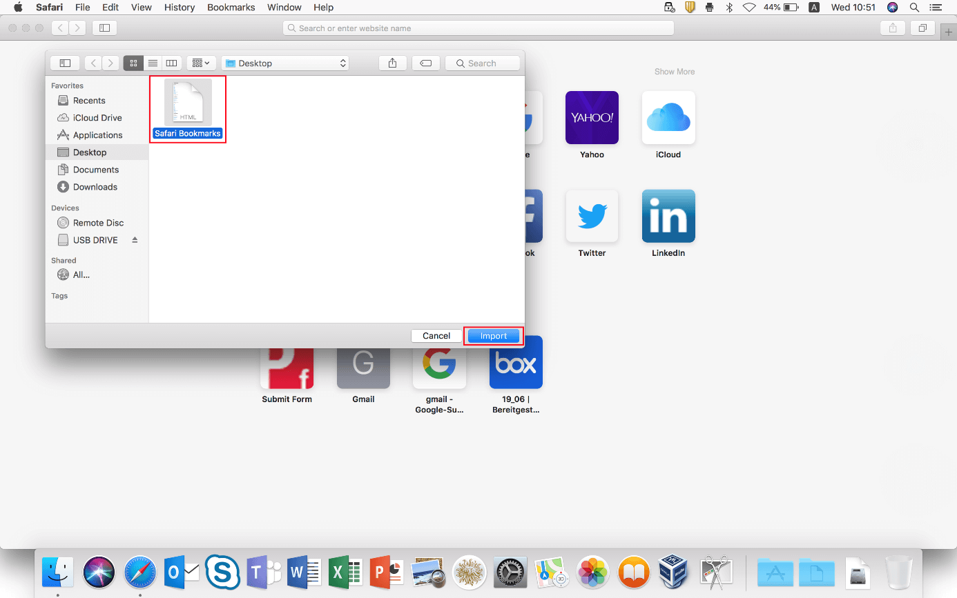 Auswahl der Lesezeichen-HTML-Datei im macOS Finder