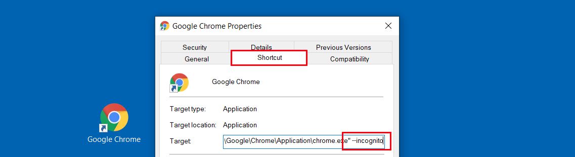 Fenster mit den Eigenschaften der Chrome-Verknüpfung
