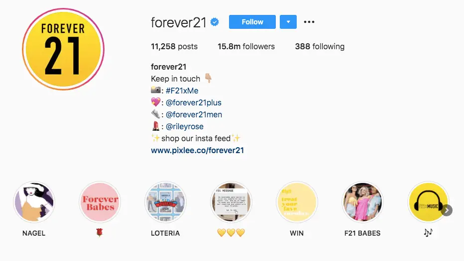 Community-Hashtag auf der Instagram-Biografie von Forever 21.
