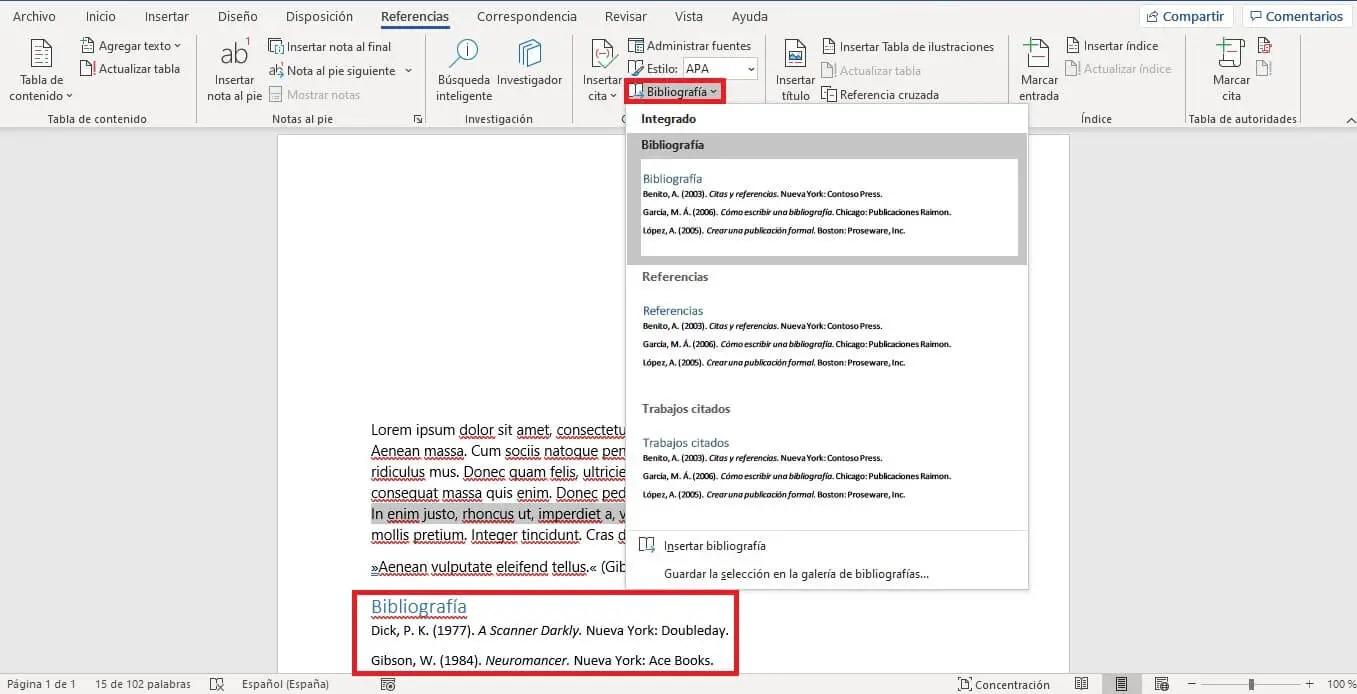 Menü zum Erstellen einer Bibliographie in Word