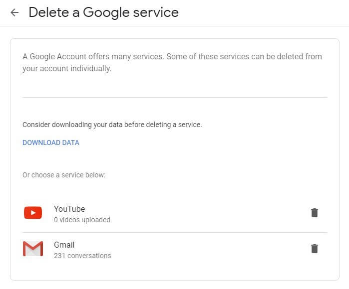 Fenster zum Herunterladen Ihrer Daten vor dem Löschen des Google Mail-Kontos