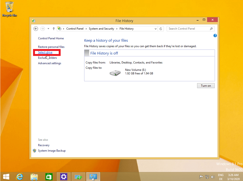 Auswählen des Laufwerks für die Windows 8-Sicherung
