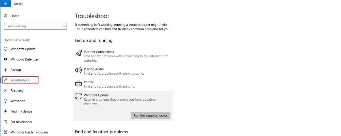 Windows 10-Menü "Fehlerbehebung"