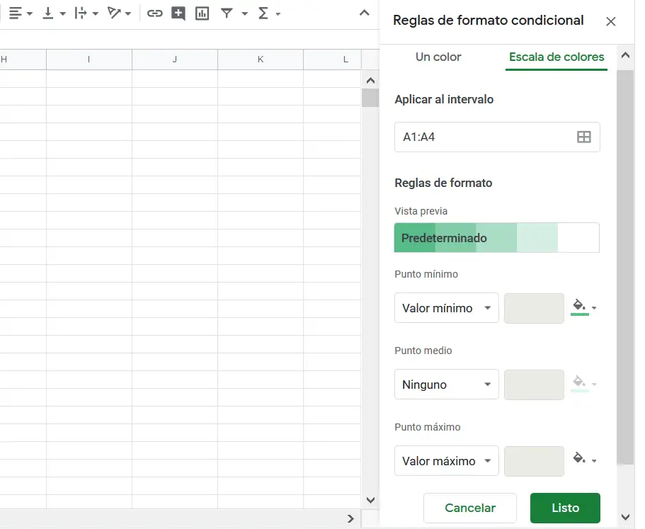 Google Sheets: Menü zum Konfigurieren der Farbskala.