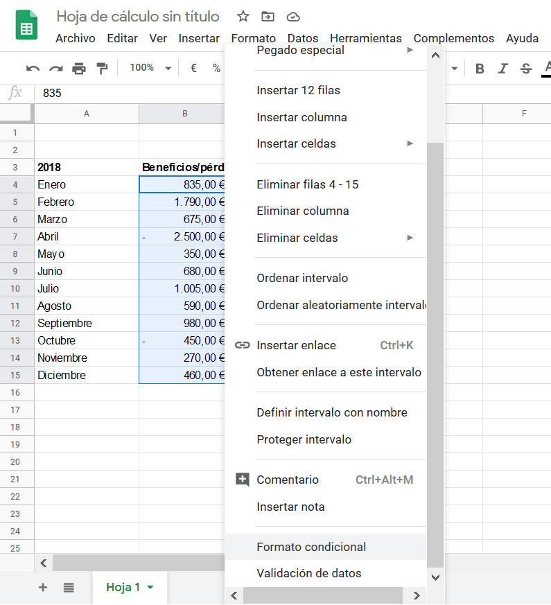 Google Sheets: Tabelle mit einem ausgewählten Bereich.