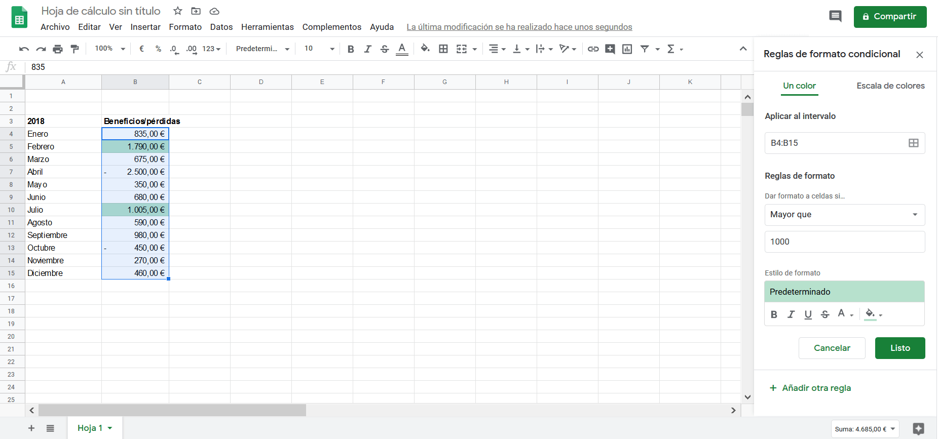 Google Sheets: Bedingte Formatierungsregel.