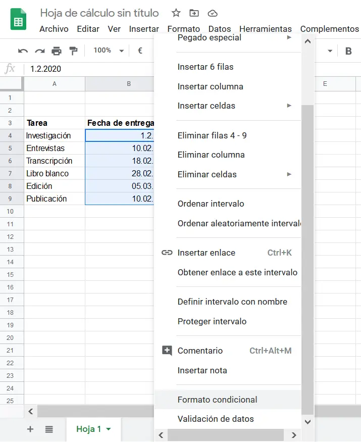 Google Sheets: Tabelle mit einem ausgewählten Bereich.
