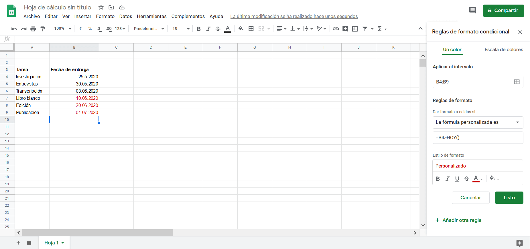 Regeln für die bedingte Formatierung in Google Sheets.