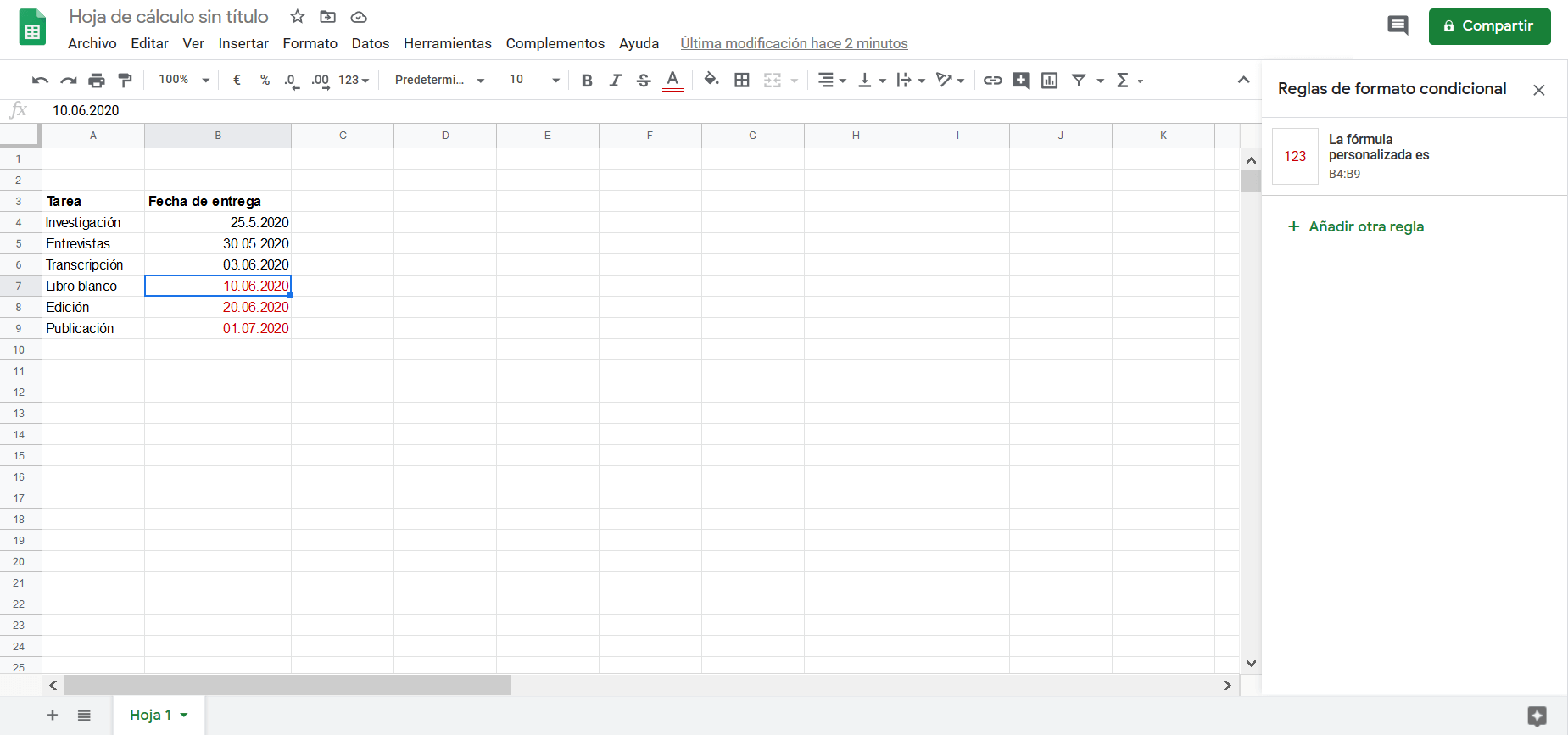 Google Sheets: Formatierungsregeln für die ausgewählte Zelle aktiviert.