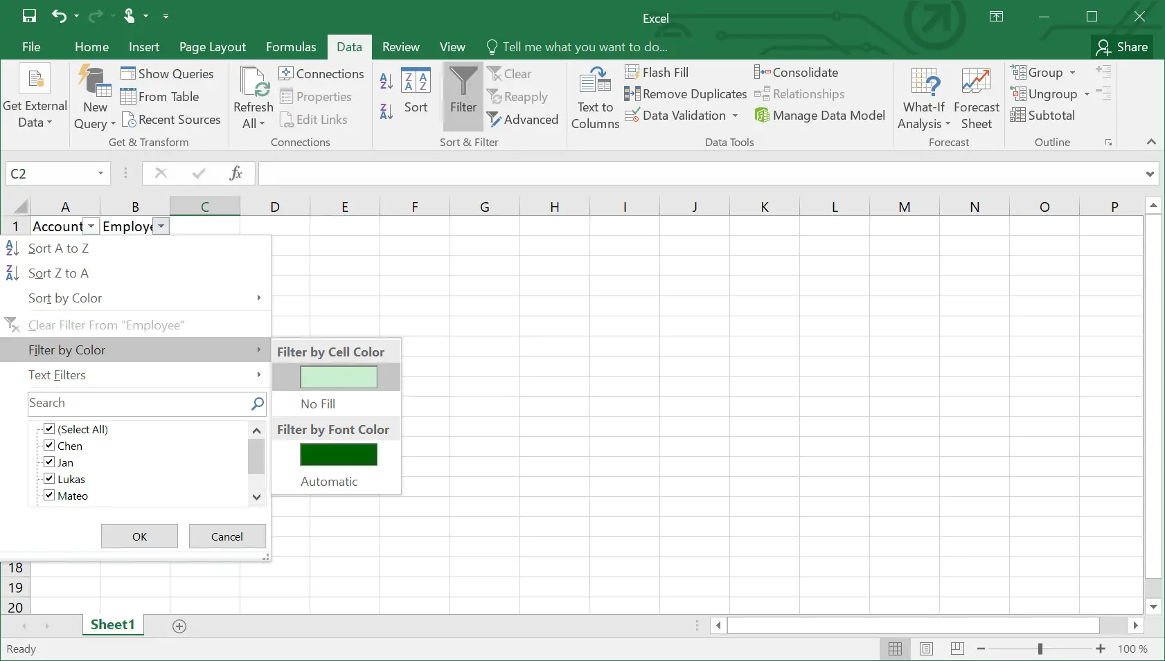 Beispiel für das Filtern nach Farben, sodass in Excel nur Duplikate angezeigt werden