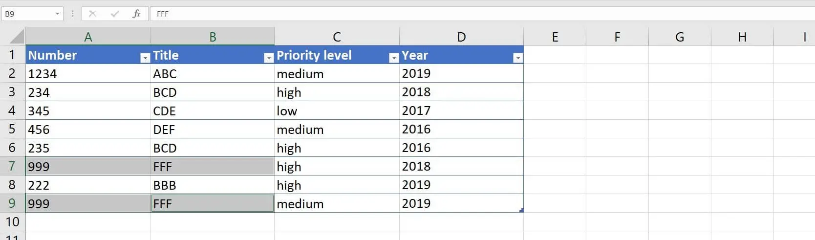 Excel 2016: Beispieleintrag mit Duplikaten