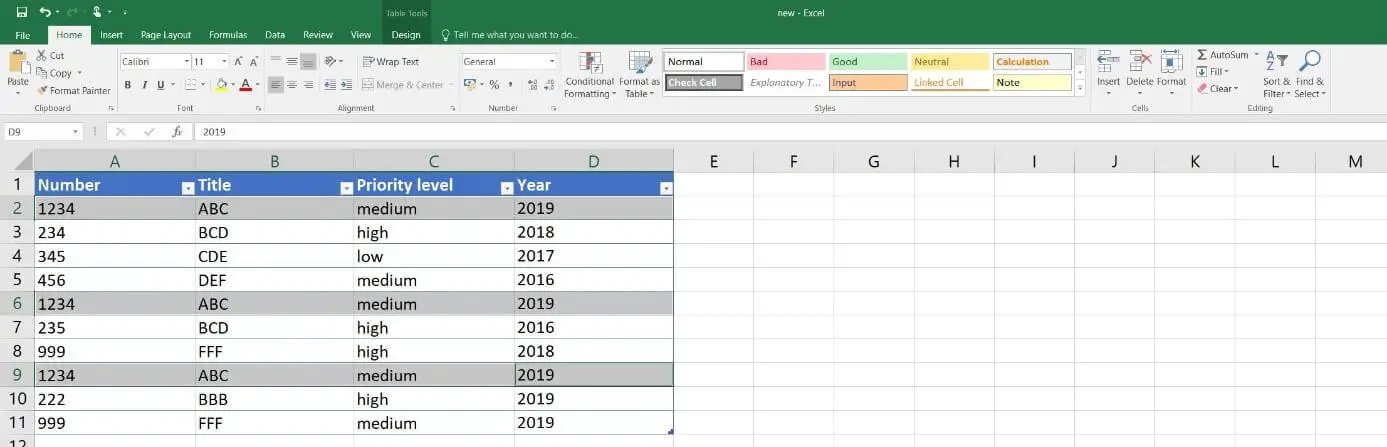 Excel 2016: Beispieltabelle mit identischen Einträgen