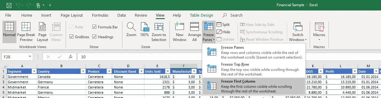 Excel 2016: Dashboard-Menü einfrieren