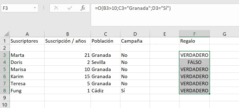 Excel-Funktion ODER mit benutzerdefinierten Kategorien.
