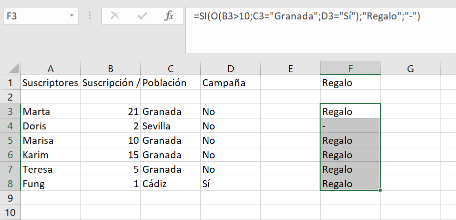 Excel-Funktion ODER in der Beispieltabelle.