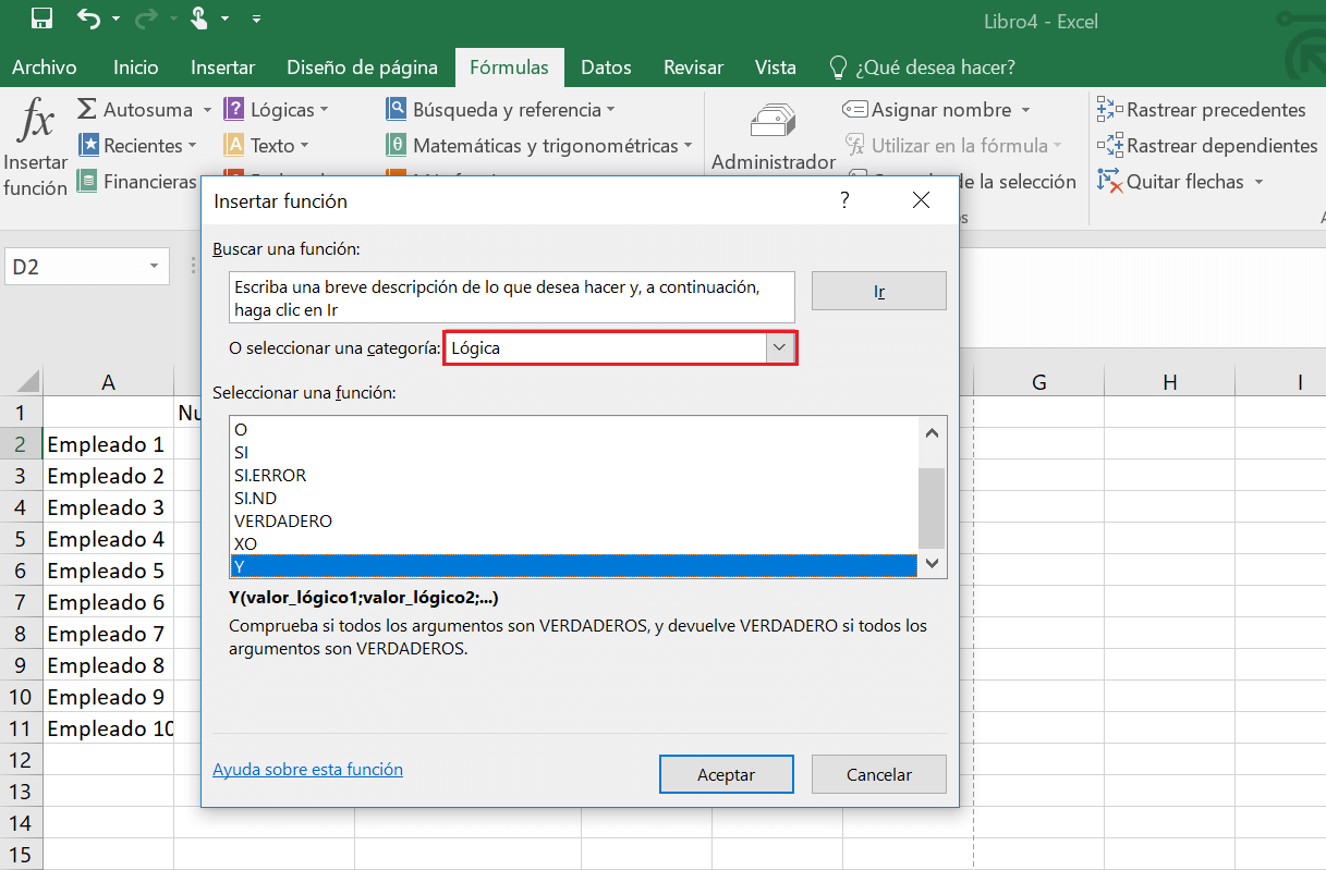 Dialogfeld "Funktion einfügen": Y-Funktion in Excel.