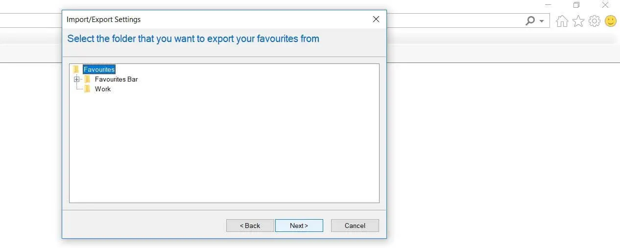 Exportieren von Internet Explorer-Lesezeichen: Ordnerauswahl