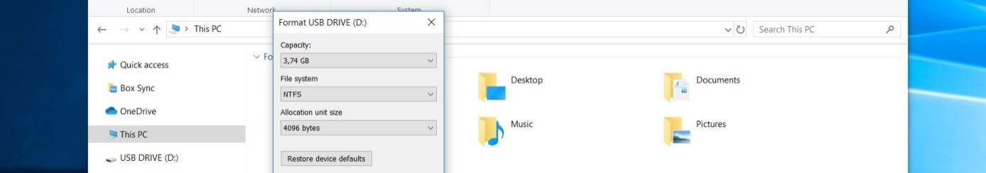 Windows 10: Dialogfeld "USB-Laufwerk formatieren"