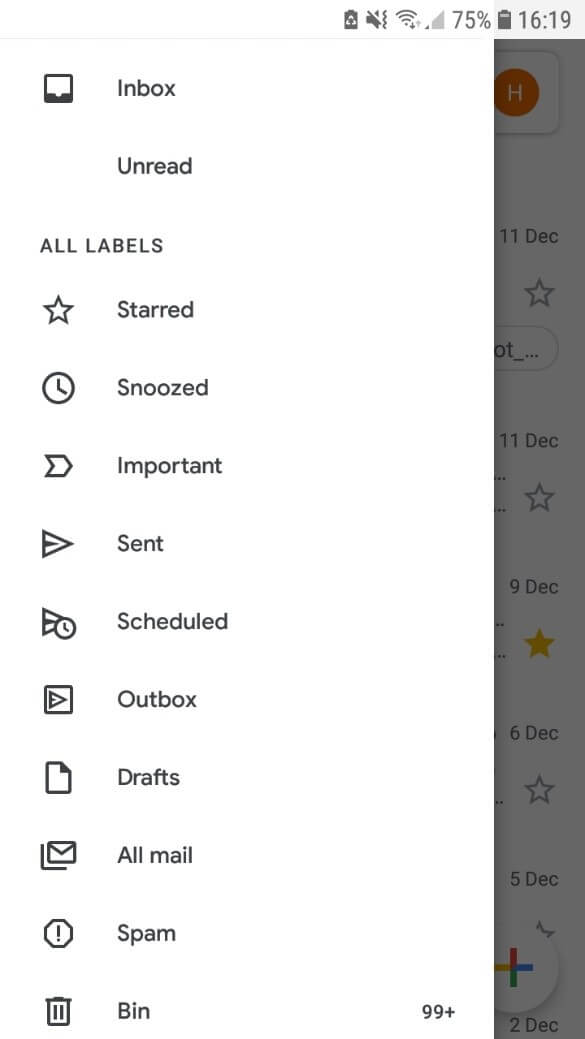 Google Mail-Benutzeroberfläche mit Ordneranzeige in der Android-Anwendung