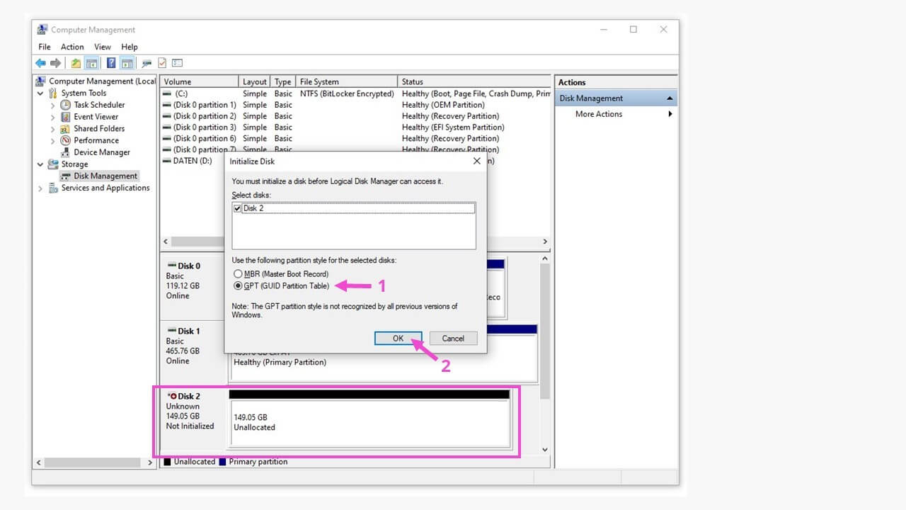Windows-Datenträgerverwaltung mit Option zum Initialisieren der Datenträger 