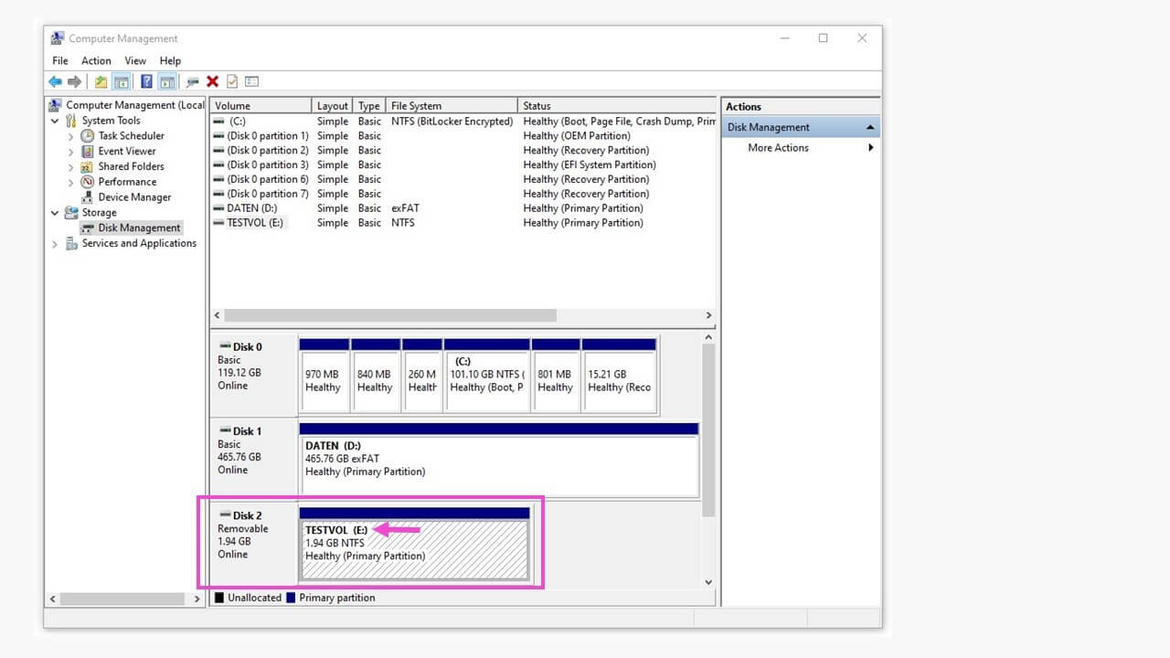 Windows-Datenträgerverwaltung mit erkannten Datenträgern 