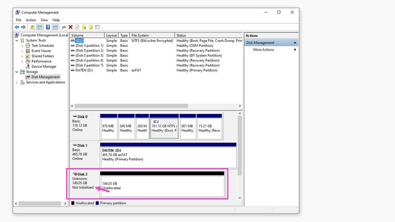 Windows-Datenträgerverwaltung mit nicht initialisiertem Laufwerk 