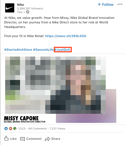 LinkedIn:? JustDoIt ?, Hashtag der Marke Nike.