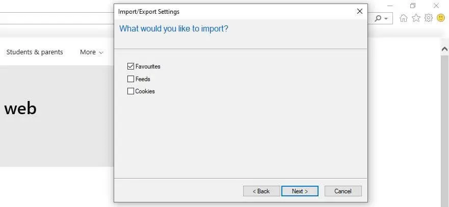 Internet Explorer 11: Dialogfeld "Lesezeichen importieren"