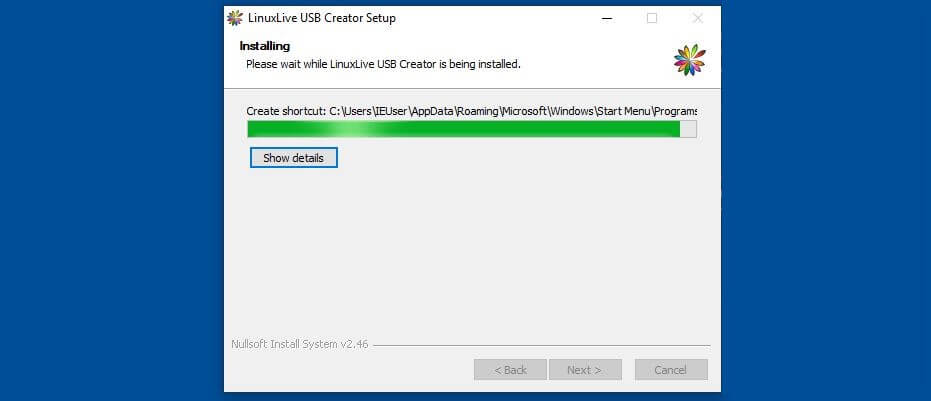 Installationsfortschritt von LinuxLive USB Creator