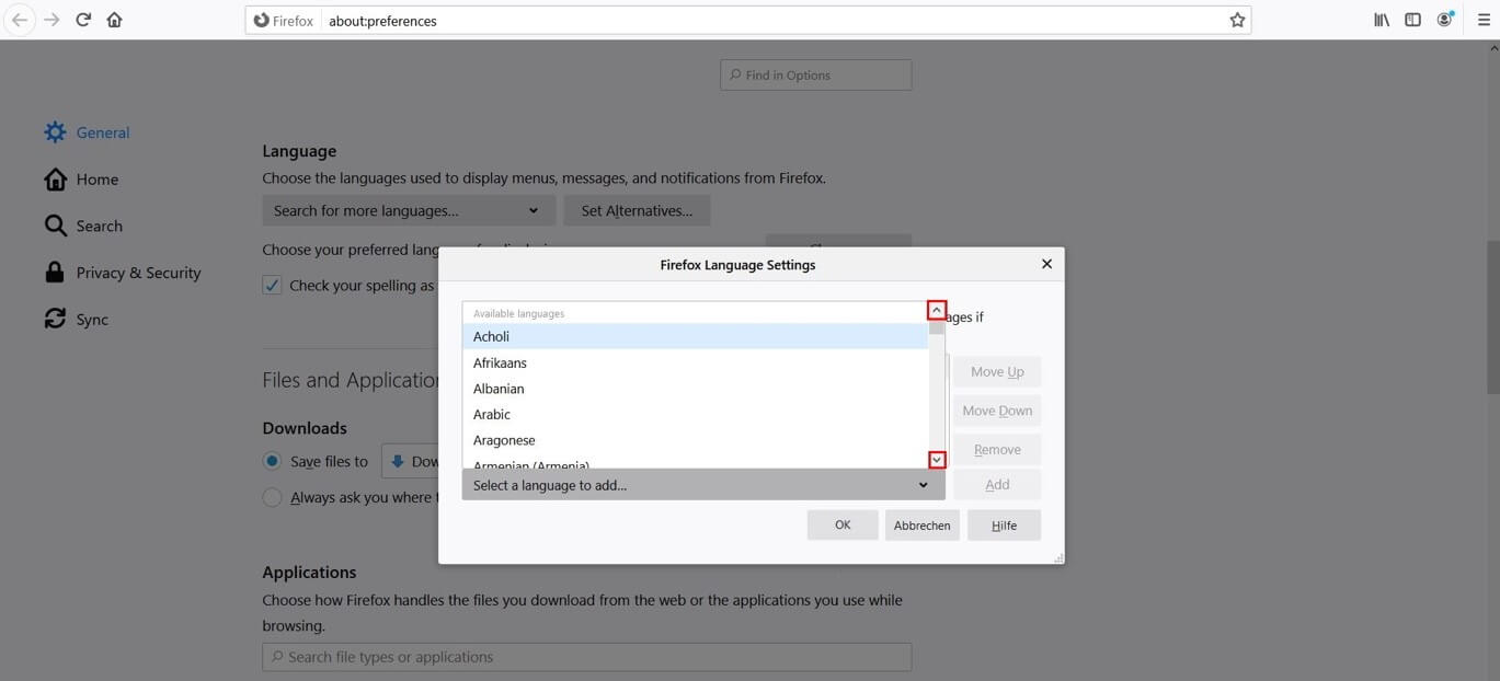 Firefox-Spracheinstellungen: Liste der verfügbaren Sprachen