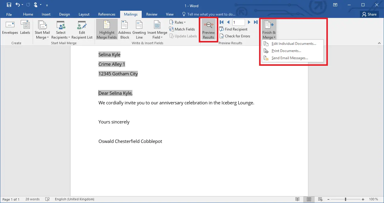 Funktionsauswahlmenü zum Beenden eines Seriendruckdokuments in Word