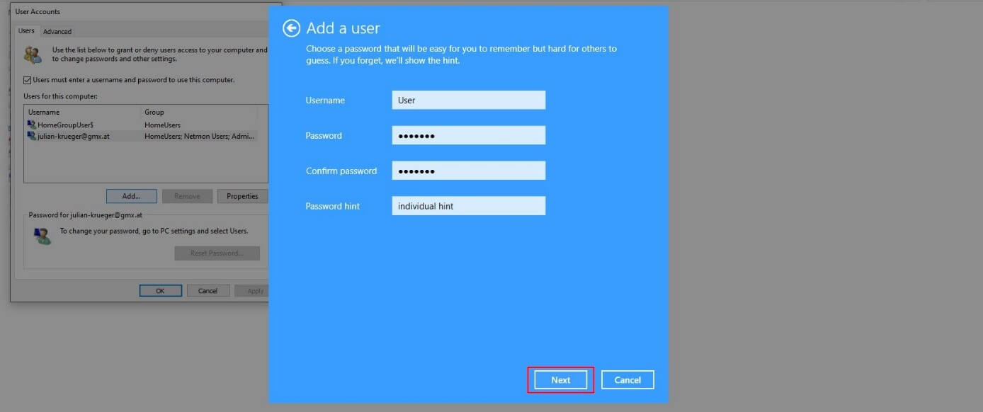 Menü zum Erstellen von Benutzern in Windows 10