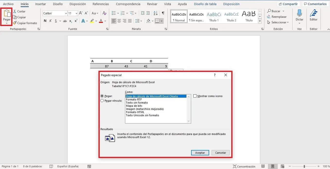 Menü zum Verknüpfen von Excel und Word