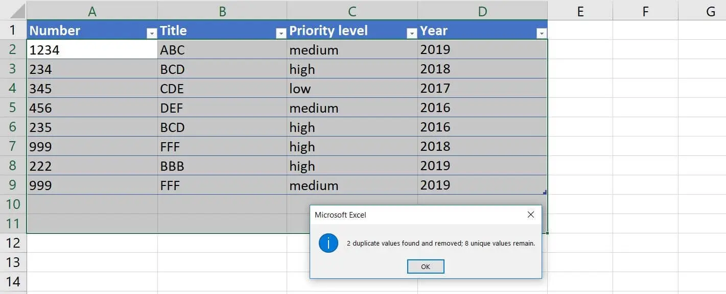 Microsoft Excel 2016 - Hinweis zum doppelten Entfernen