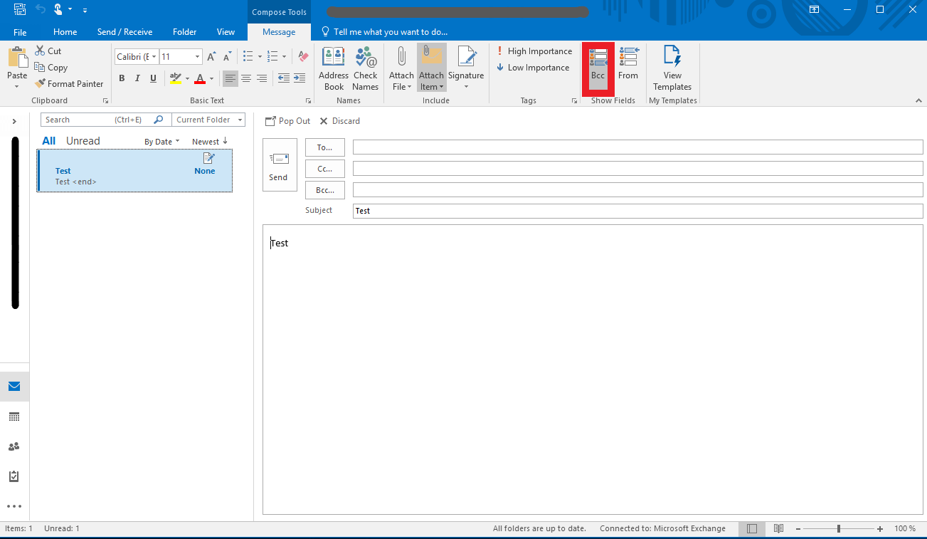 Blindkopie in Outlook 2016: Schaltfläche "Outlook Bcc" auf der Registerkarte "Nachricht"