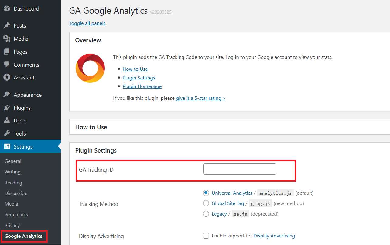Konfiguration des GA Google Analytics Plugins.