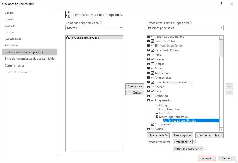 Anpassen der PowerPoint-Multifunktionsleiste: Makro hinzufügen