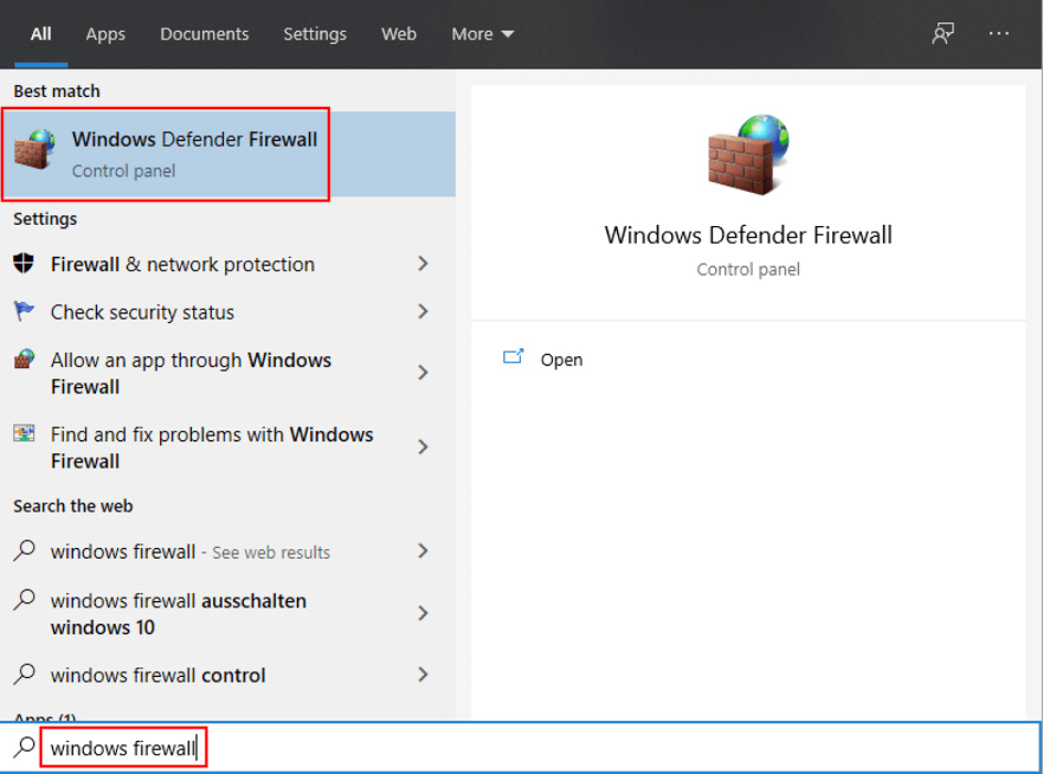 Windows 10: Suchergebnis der Windows-Firewall