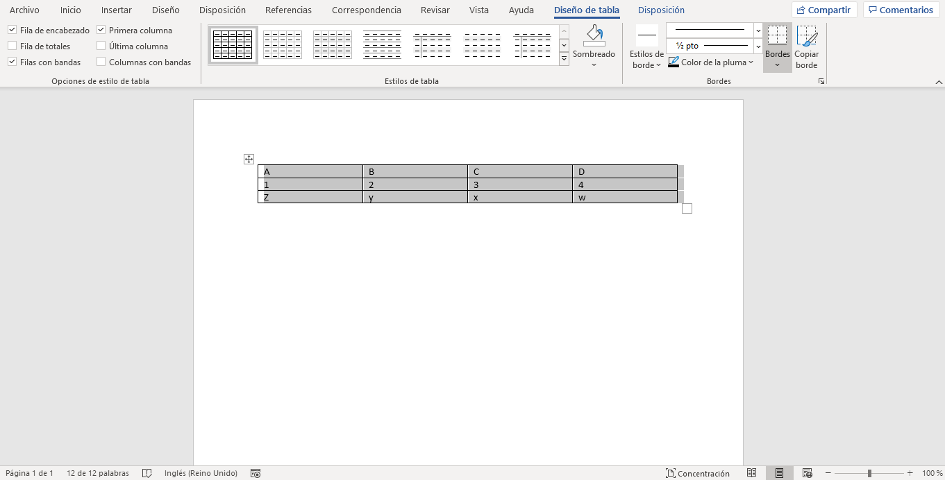 Auswahl der Tabellentools in Word