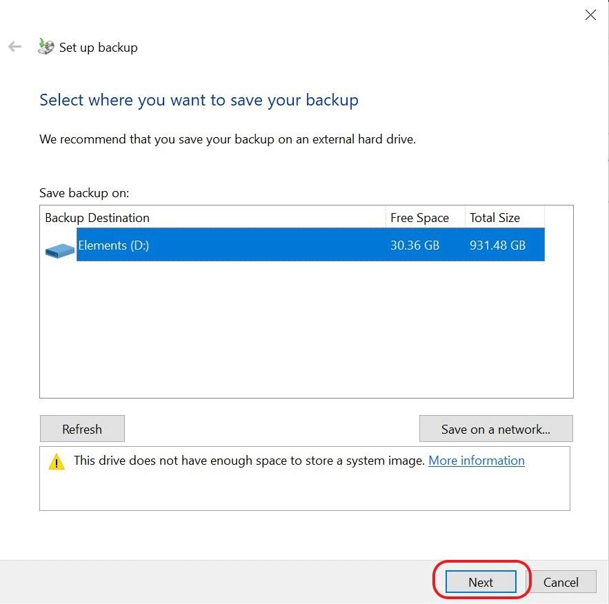 Auswählen eines Speicherorts für Ihre benutzerdefinierte Windows 10-Sicherung